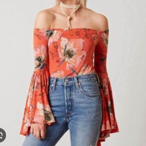 Free People Birds of Paradise Coral Orange Floral Print Top 70s Boho Sz S